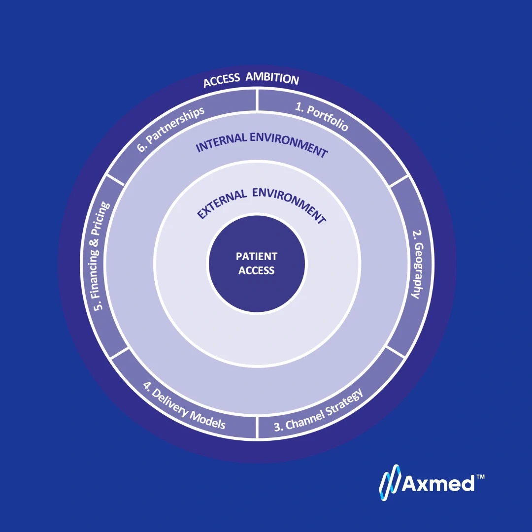 Access360 framework diagram showing concentric rings: Access Ambition, Internal Environment, External Environment, and Patient Access at the center, with six access levers around the outer ring.