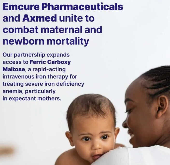 Announcement graphic: Emcure Pharmaceuticals and Axmed unite to combat maternal and newborn mortality, with a mother holding her baby